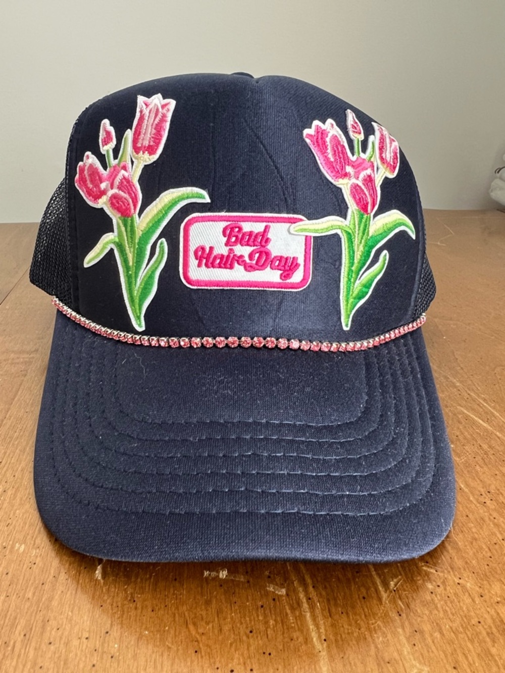 OTTO Navy Mesh Trucker Cap Rhinestones‎ Tulips Bad Hair Day